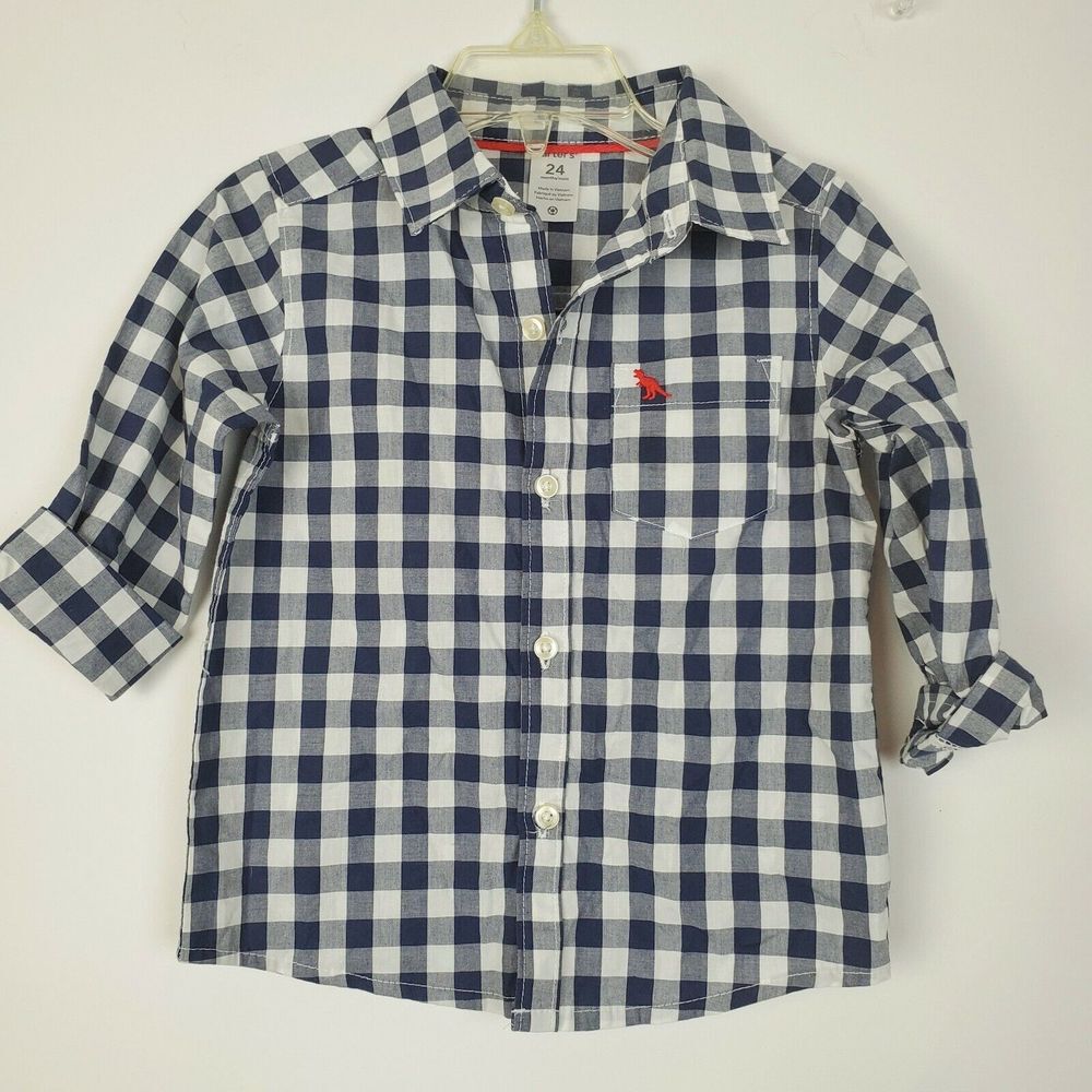 Carter's Boys Plaid Button Long‎ Sleeve Shirt 24M Blue White Red Dinosaur